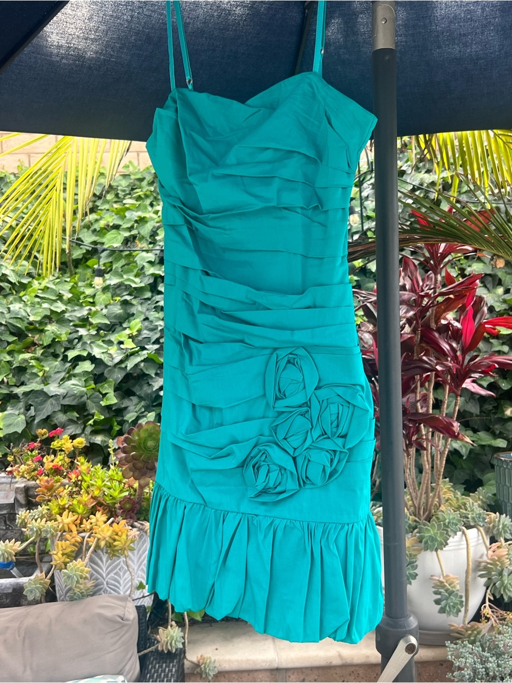 Rinascimento Teal Ruched Mini Dress Rosette Bubble Hem Cocktail Dress Small